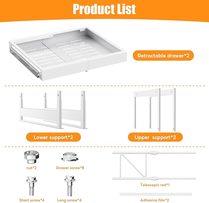 2-Tier Expandable Pull Out Cabinet Organizer, 21" Deep Heavy-Duty Slide Rail Slide Out Drawer Organizers with Adhesive Nano Film for Pots, Roll out Shelf Storage for Kitchen & Pantry Storage,White