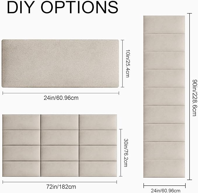 Upholstered Wall Mounted Headboard, 3D Soundproof Wall Panels Peel and Stick Headboard for Queen Size, Tufted, Beige (9 Panels, 10" x 24")