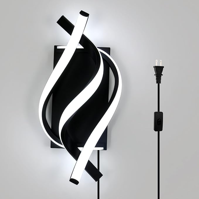 Modern LED Plug in Wall Sconce, 21W Black Indoor Wall Lights with Plug and Switch, Wall Lamps for Living Room, Bedroom, Hallway, Stairway, 6500K Wall Mounted Light