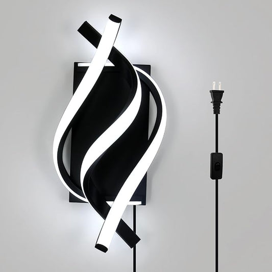 Modern LED Plug in Wall Sconce, 21W Black Indoor Wall Lights with Plug and Switch, Wall Lamps for Living Room, Bedroom, Hallway, Stairway, 6500K Wall Mounted Light