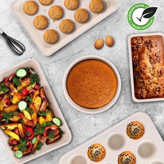 NutriChef 6-Piece Baking Pan Set, Carbon Steel Bakeware with Premium Ceramic Nonstick Coating, Includes 12-Cup Muffin Pan, Cake & Loaf Pan, Wide Bake Pan, & Cookie Sheet - Turquoise