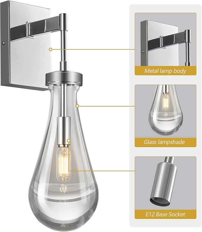 Raindrop Wall Sconces Chrome Sconces Wall Decor Modern Brass Wall Lighting Glass Bathroom Sconces Indoor Vanity Light Wall Lamp for Bedroom Living Room Stair (1 Pack)