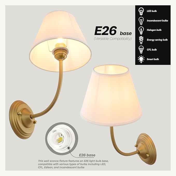 Vintage Fabric Wall Sconce Linen Cloth Shade, E26 Hardwired Indoor 1-Light Wall Mounted Lamp Fixture for Living Room Bedroom Stairs Hallway