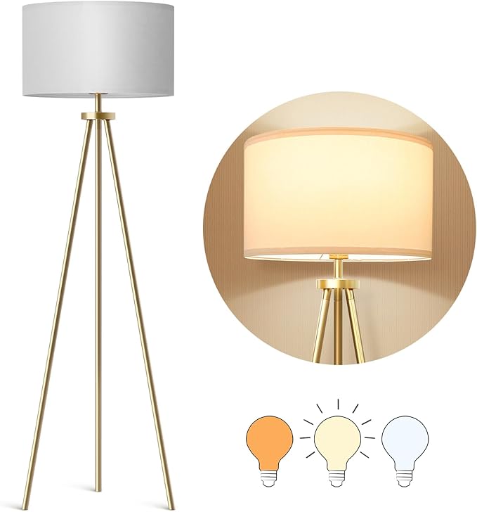 ALLDIO Tripod Floor Lamps for Living Room, Modern Standing Lamp with Drum Shade, Simple Industrial Tall Lamp, 9W LED Bulb Included - Brass