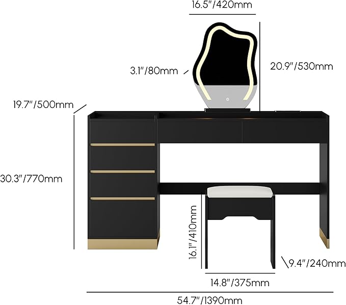 homary Vanity Desk with LED Mirror, Makeup Vanity with Power Outlet and Tempered Glass Top, Makeup Table with 6 Drawers, 3 Lighting Modes Vanity Table with Chair for Bedroom