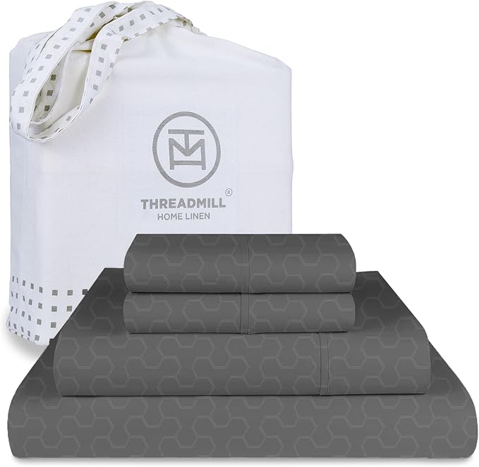 Threadmill 500 Thread Count Queen Size 4 Pc Luxury Cotton Bedding Sheets, Jacquard Floria Dark Grey, Silky Smooth Sheets with 16" Elasticized Deep Pocket, 2 Pillowcases & Free Tote Bag