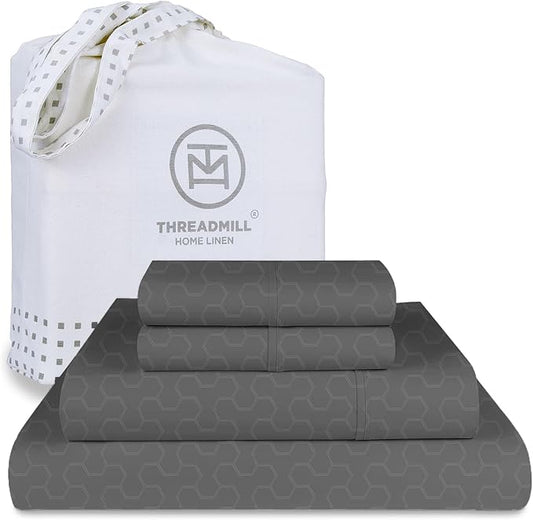 Threadmill 500 Thread Count Queen Size 4 Pc Luxury Cotton Bedding Sheets, Jacquard Floria Dark Grey, Silky Smooth Sheets with 16" Elasticized Deep Pocket, 2 Pillowcases & Free Tote Bag