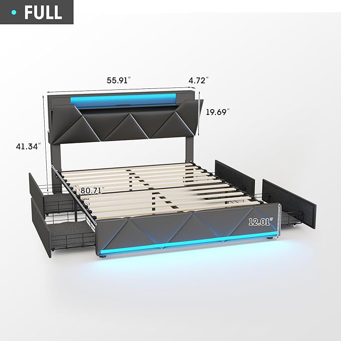 Vabches Full Bed Frame with Storage Headboard and 4 Drawers,Upholstered Platform with Charging Station and Led Lights,Adjustable Headboard with Pu Leather,No Box Spring Needed,Black