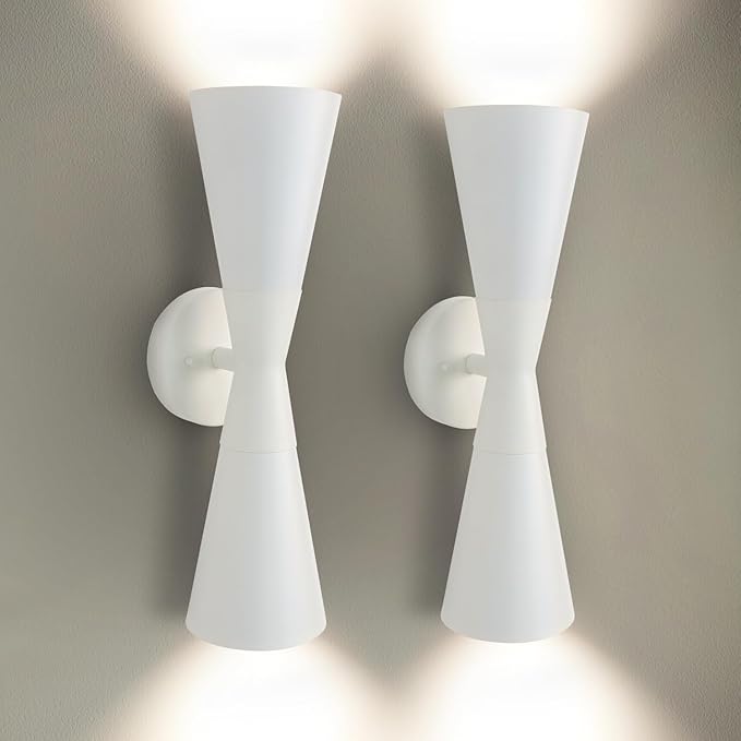 Modern Indoor Wall Sconces Set of 2 Up and Down White Wall Sconces Mid Century Indoor Wall Light Fixture Hardwired Wall Mounted Lamp for Living Room Bathroom Bedroom Hallway 15 Inch
