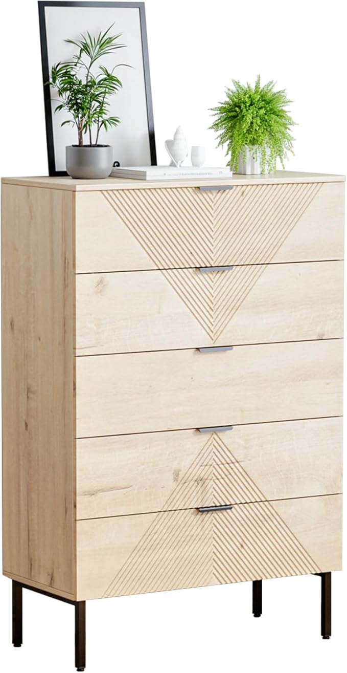 5 Drawer Dresser for Bedroom, Fluted Tall Dresser for Closet, Wooden Chest of Drawers for Living Room, Hallway