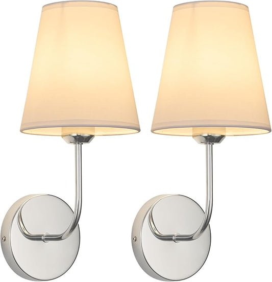 Modern Hardwired Wall Sconces, Set of 2 in Chrome or Polished Nickel with White Fabric Shades,Farmhouse Light, Living Room, Hallway, Bathroom, Vanity, or Staircase. Sleek, Versatile Lighting
