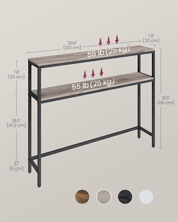 VASAGLE Console Table, 2-Tier Narrow Sofa Table with 2 Shelves, 7.9 x 39.4 x 31.5 Inches, for Living Room, Hallway, Entryway, Heather Greige and Ink Black ULNT131K02V1
