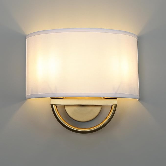 Yosoan White Fabric Cloth Boho Aged Brass Gold Wall Sconce Stairwell Fixture Light, 2-Light Dual Indoor Hardwired Vanity Vintage Wall Mount Lamp Antique Metal Base Semicircle Shade Lamp for Hallway