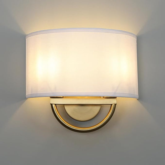 Yosoan White Fabric Cloth Boho Aged Brass Gold Wall Sconce Stairwell Fixture Light, 2-Light Dual Indoor Hardwired Vanity Vintage Wall Mount Lamp Antique Metal Base Semicircle Shade Lamp for Hallway