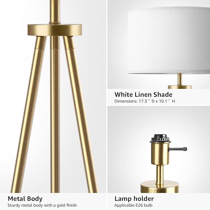 ALLDIO Tripod Floor Lamps for Living Room, Modern Standing Lamp with Drum Shade, Simple Industrial Tall Lamp, 9W LED Bulb Included - Brass