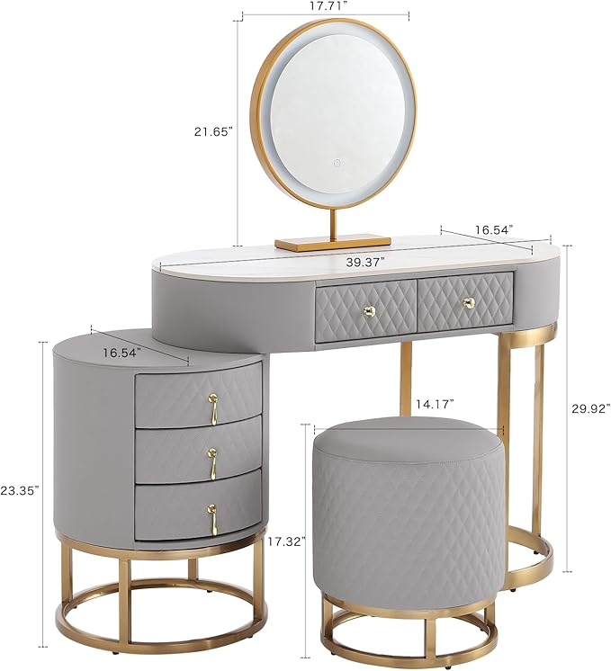 Faux Leather Makeup Vanity Desk Set with LED Lighted Mirror Luxury Dressing Makeup Table with Storage Drawers & Vanity Stool, Gray