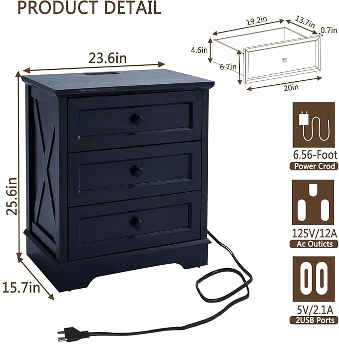 Farmhouse 3 Drawers Dresser for Bedroom, Rustic Small Chest of Drawers with Charging Station, Wood Closet Organizers, Black Modern Tall Nightstand/End Table for Bedroom, Living Room, Entryway