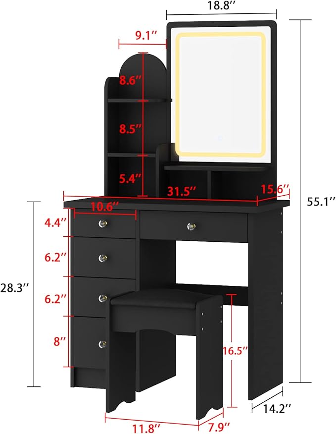 ECACAD Vanity Desk, Vanity Table Set with LED Lighted Mirror, Makeup Vanity Dressing Table with 5 Drawers, Storage Shelves and Cushioned Stool, Black