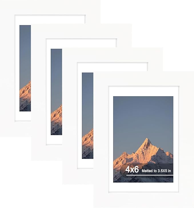 4x6 Picture Frame Set of 4, High Definition Real Glass, Display Pictures 3.5x5 with Mat or 4x6 Without Mat, Gallery Wall Hanging or Tabletop Photo Frames, White