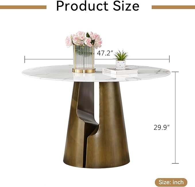 Round Faux Marble Dining Table Set for 4, Modern Luxury Kitchen Table for 4-6, Circle Dining Tables with White Marble Grain Top and Bronze Carbon Steel Pedestal Base (1 Table Only)