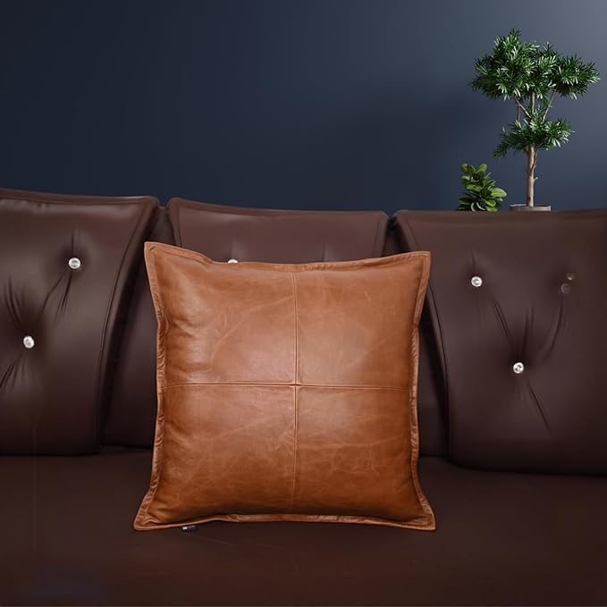 D DOLLY LAMB Lambskin Leather Pillow Cover - Sofa Cushion Case - Decorative Throw Covers for Living Room & Bedroom, 14x14 Inches - Tan Orange Box Pack of 1