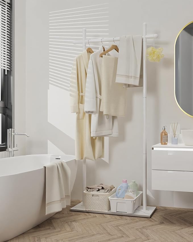 Coat Rack Freestanding with Natural Rock Base, Metal Coat Hanger Stand, Industrial Garment Rack, Clothes Tree, Suitable For Outerwear, Hats, Handbags, 68.9in, White, Large