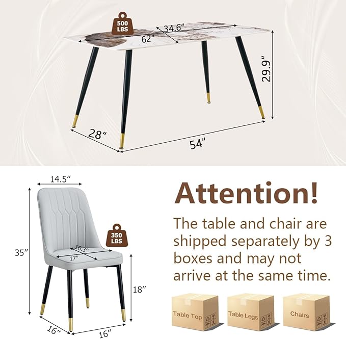 Dining Room Table Set for 6, Dinner Table Set for 6, Sintered Stone Kitchen Table Top and Modern Chairs Set of 6 for Kitchen Dining Room