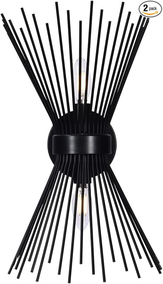 EDISLIVE 2-Bulb Vanity Light Mid-Century Modern Starburst Wall Sconce Lamp Sunburst Sconce- 11 x 4.7 x 15.8 Inches Wall Light for Powder Room Bedroom Bathroom (Black)