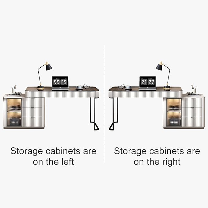 Lartis Office Desk, Very Easy to Assemble, Computer Desk, Home Telescopic Writing Desk, Modern Computer Desk with Retractable Cabinet Built-in LED Lights (Ivory, 47 in)