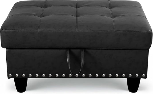 Ottoman Rectangular Storage Ottoman Bench, Faux Leather Footrest, Coffee Table, Stool Footstool with Hinged Lid for Living Room, Bedroom, Entryway, Black, 28.5"x19"x17.5"