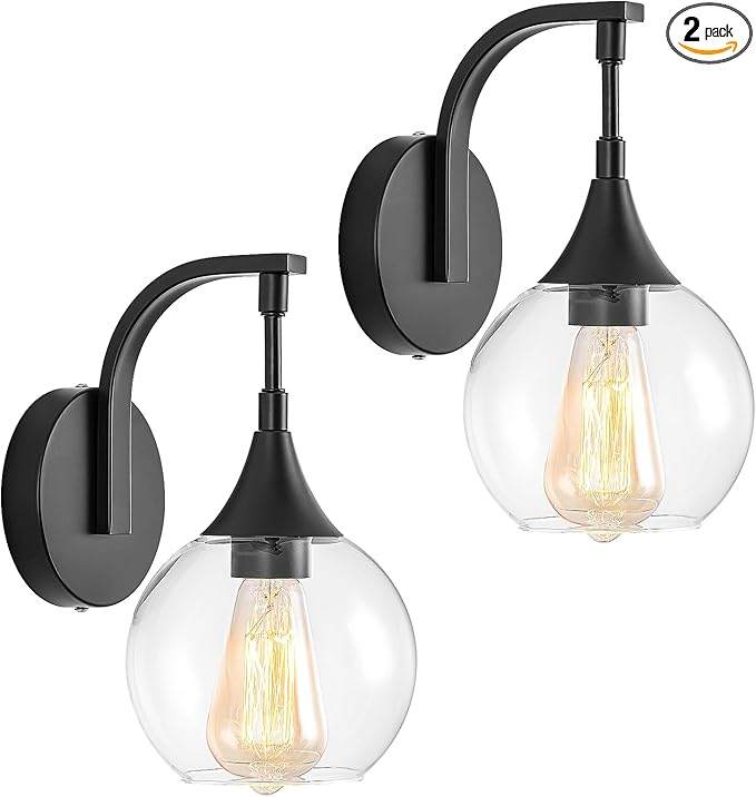 Black Wall Sconces Set of Two,Modern Wall Sconce Light with Clear Glass Shade,Bathroom Vanity Light Fixtures,Farmhouse Wall Lights for Living Room, Hallway,Kitchen