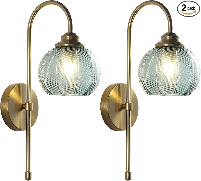KCO Lighting Brushed Gold Wall Sconce Light Vintage Green Glass Wall Sconce Set of 2 Unique Bathroom Wall Sconces Set of Two Modern Globe Sconces Wall Lighting Stair Corner Wall Lamp
