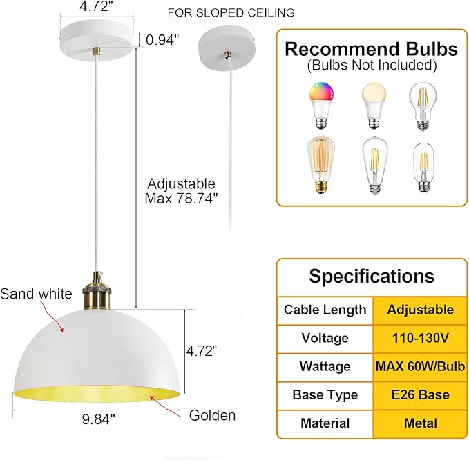 Vintage Industrial Pendant Light 9.84" Farmhous Dome Pendant Light White and Gold Finish Lighting lamp line Length 78.74" Kitchen Island, Bedroom, Corridor