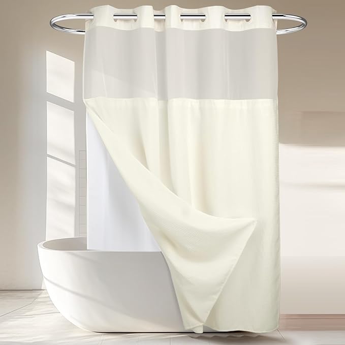 River Dream Heavyweight No Hooks Required Dotted Waffle Weave Shower Curtain with Snap in Liner - 71W x 74H,Hotel Grade,Spa Like Bath Curtain,Cream