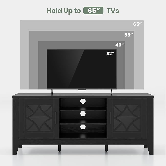 Tangkula Farmhouse TV Stand for TVs Up to 65-in, Classic Media Entertainment Center w/Glass Door Cabinets & 4 Adjustable Shelves, Modern TV Console Table w/ 3 Cable Holes for Living Room (Black)