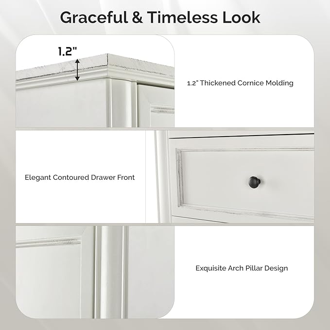 VINGLI White Dresser 6 Drawer, 47" Long Dresser for Bedroom, Chest of Drawers, French Vintage White Dressers Wood for Living Room, Hallway, 47.24" W*15.75D*31.5" H