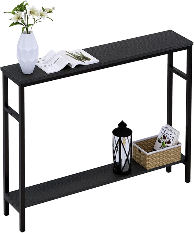 Narrow Console Table, 39.4” Sofa Table with Adjustable Shelf, 2-Tier Long Skinny Table for Hallway, Entryway, Living Room, Foyer, Black