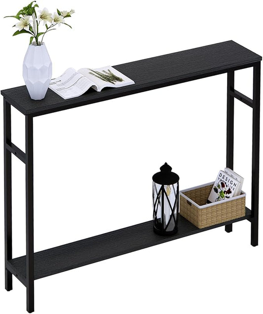 Narrow Console Table, 39.4” Sofa Table with Adjustable Shelf, 2-Tier Long Skinny Table for Hallway, Entryway, Living Room, Foyer, Black