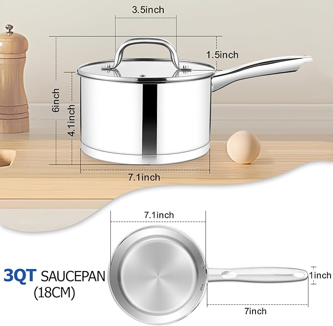 TeamFar Saucepan, 3 qt Stainless Steel Sauce Milk Pan & Lid with Tri-ply Bottom, Home/Kitchen Induction Pot for Cooking/Boiling/Warming/Stewing, Healthy & Heavy Duty, Dishwasher Safe
