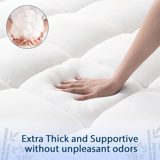 ELEMUSE Twin Cooling Bamboo Viscose Mattress Topper for Back Pain, Extra Thick Mattress Pad Cover, Plush Soft Pillowtop with Elastic Deep Pocket, Overfilled Down Alternative Filling