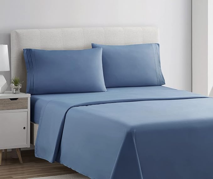 Clara Clark Bed Sheets, Premier 1800 Series 4 Piece Bed Sheet Set, Deep Pocket, Wrinkle, Fade, Stain Resistant, Luxury Soft Bedding Sheets & Pillowcases, Queen, Blue Heaven