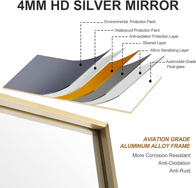 20x40 Inch Gold Bathroom Mirror - Copper-Free Mirror, Aluminum Alloy Frame Vanity Rectangle Wall Mounted Modern Mirror for Bedroom/Living Room/Porch Horizontal or Vertical