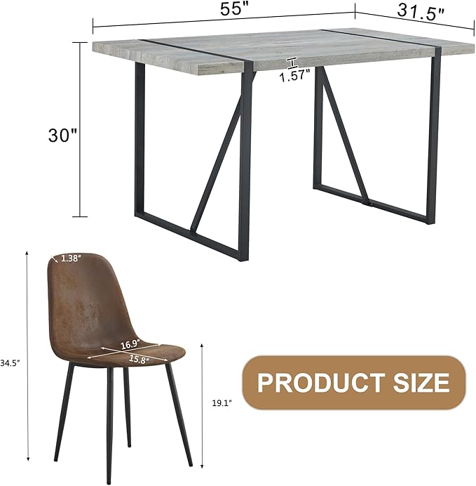 Dining Table Chairs Set for 4, Modern Rectangular Dining Room Table Set Upholstered Dining Chairs 55" Dinner Table Set for Kitchen (Grey Table & Brown1 Chairs, 55 inch Table + 4 Chairs)