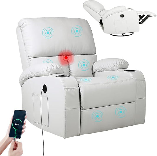 Rocking Recliner Chair, Massage Rocker Recliner Chair with Vibration Massage and Heat, USB and Type-C Ports,360° Swivel Faux Leather Chairs, Living Room, Bedroom, Nursery, RV, Light Grey