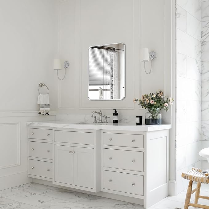 Wall Mount Small Mirror, Brushed Silver Metal Framed Rounded Corner Rectangular Makeup Mirror for Bathroom, Bedroom, Living Room (12" x 16", Silver)