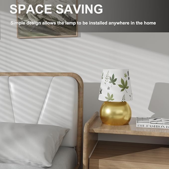 Set of 2 Small Gold Bedside Table Lamp with Maple Leaf Pattern Shade (Bulb Included)