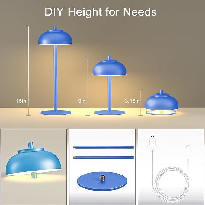 Blue Table Lamp Set of 2 Rechargeable,Table Lights Battery Operated-IP65 Waterproof-for Outdoor Patio/Restaurants/Home/Dinner/Table Lighting-Touch Control & Dimmable