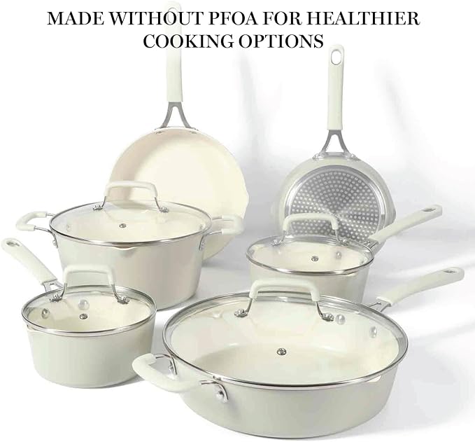 Martha Stewart Heathland Premium Nonstick PFA Free Ceramic Interior 10-Piece Tapered Aluminum Cookware Set - Linen White