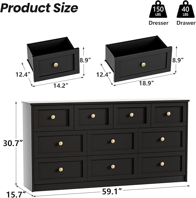 59.1" Wide Dressers & Chests of Drawers with Large Capacity Storage, Large Wooden Storage Organizer 10 Drawer Dresser for Bedroom（Black）