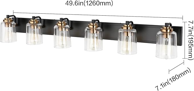 SOLFART Bathroom Vanity Light Black and Brass Bathroom Light fixtures Durable Glass Globe Vintage Stylish Lighting 6 Lights(8580)